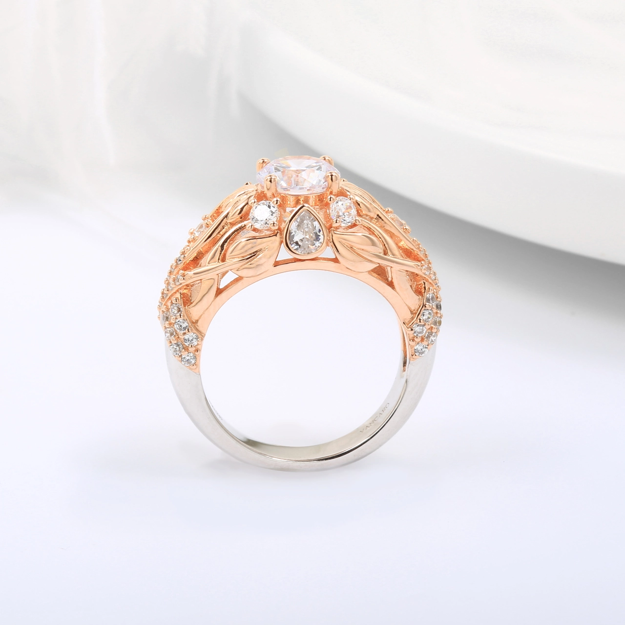 Two Tone Plated Nature Leaf Engagement Ring