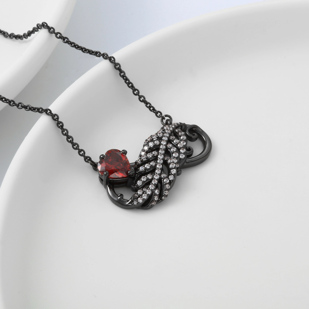 Unique Feather Pendant Necklace Garnet Red Heart