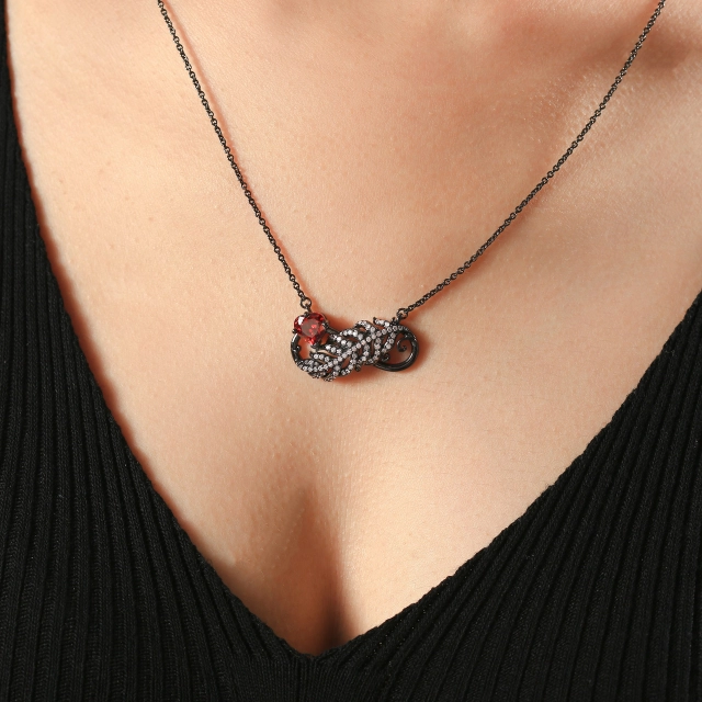 Unique Feather Pendant Necklace Garnet Red Heart