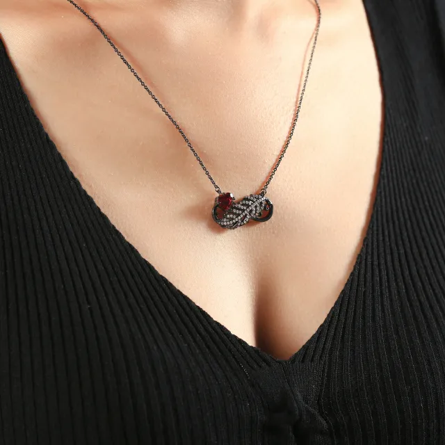 Unique Feather Pendant Necklace Garnet Red Heart