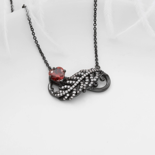 Unique Feather Pendant Necklace Garnet Red Heart