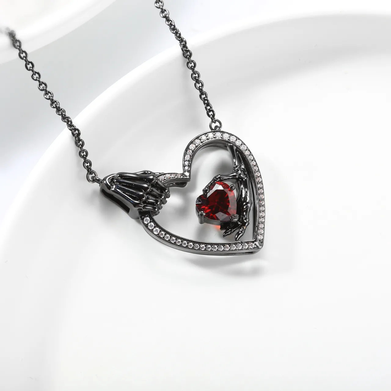 Gothic Skeleton Pendant Necklace Garnet Red Heart