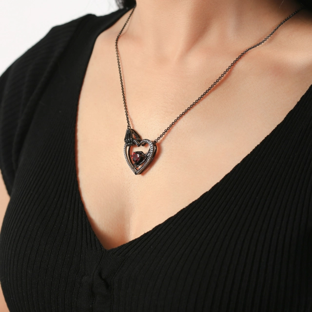 Gothic Skeleton Pendant Necklace Garnet Red Heart