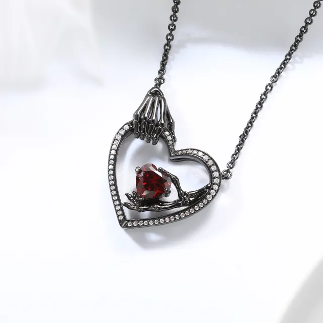 Gothic Skeleton Pendant Necklace Garnet Red Heart