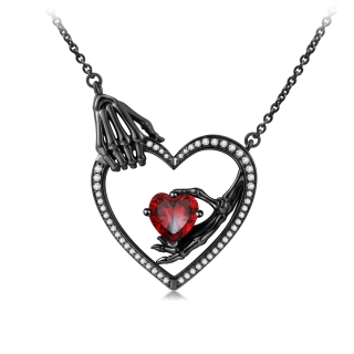 Gothic Skeleton Pendant Necklace Garnet Red Heart