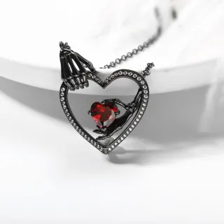 Gothic Skeleton Pendant Necklace Garnet Red Heart