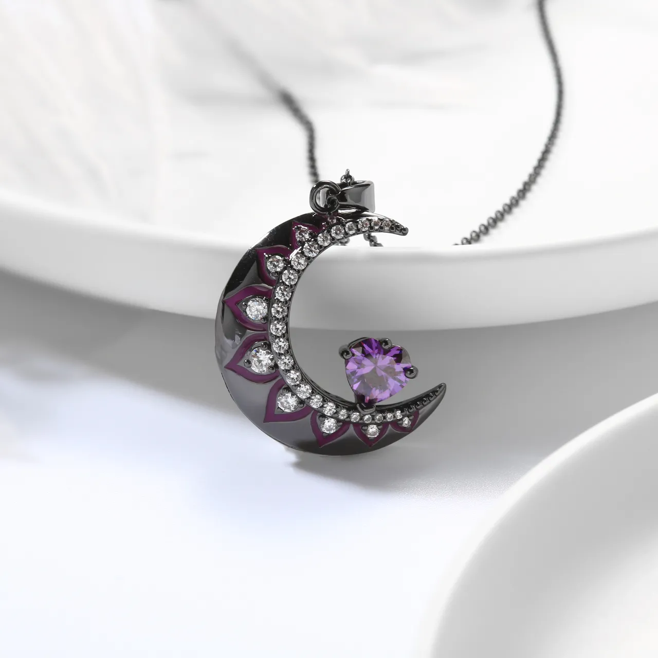 Gothic Moon Pendant Necklace Amethyst Purple Heart