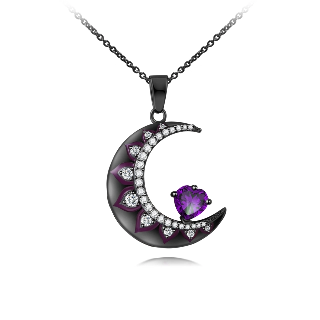 Gothic Moon Pendant Necklace Amethyst Purple Heart