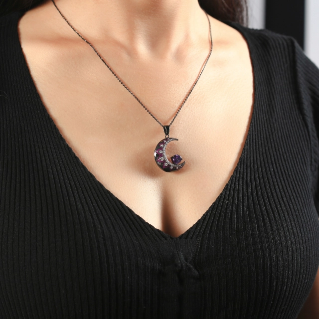 Gothic Moon Pendant Necklace Amethyst Purple Heart