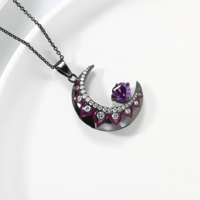 Gothic Moon Pendant Necklace Amethyst Purple Heart