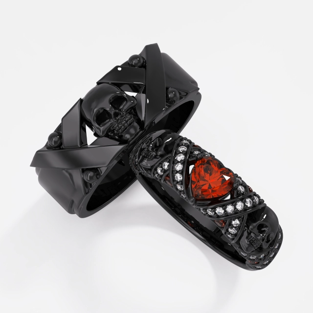 Gothic Skull Couple Ring Couple Garnet Red Heart