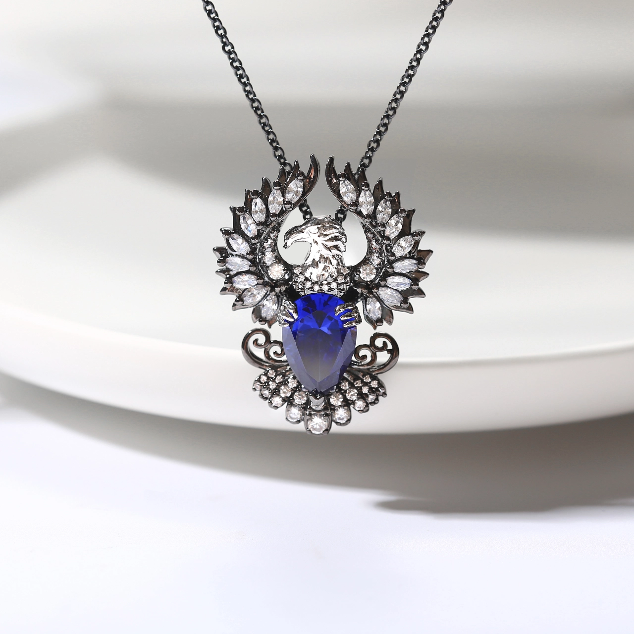 Unique Eagle Pendant Necklace Sapphire Blue Pear