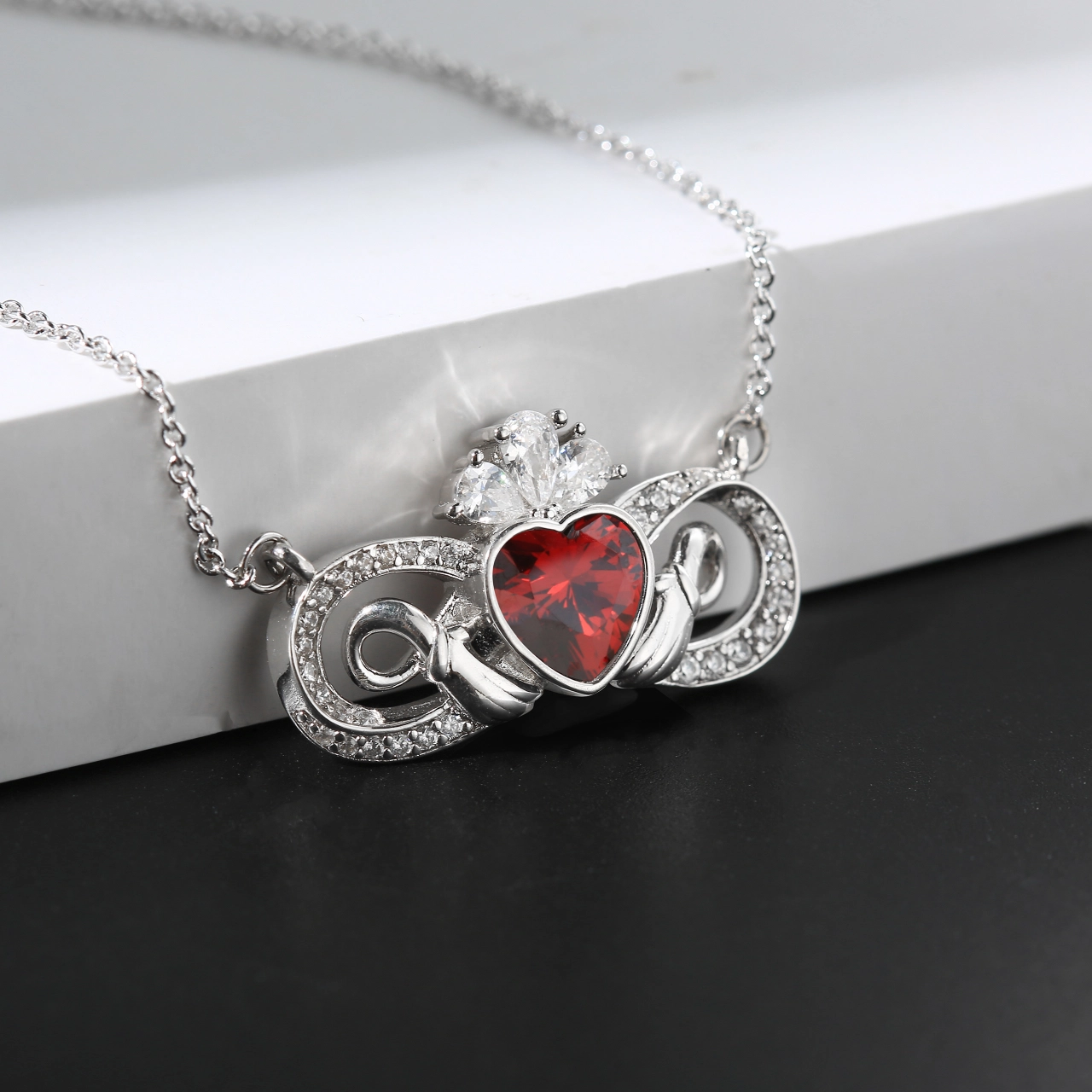 Unique Claddagh Pendant Necklace Garnet Red Heart