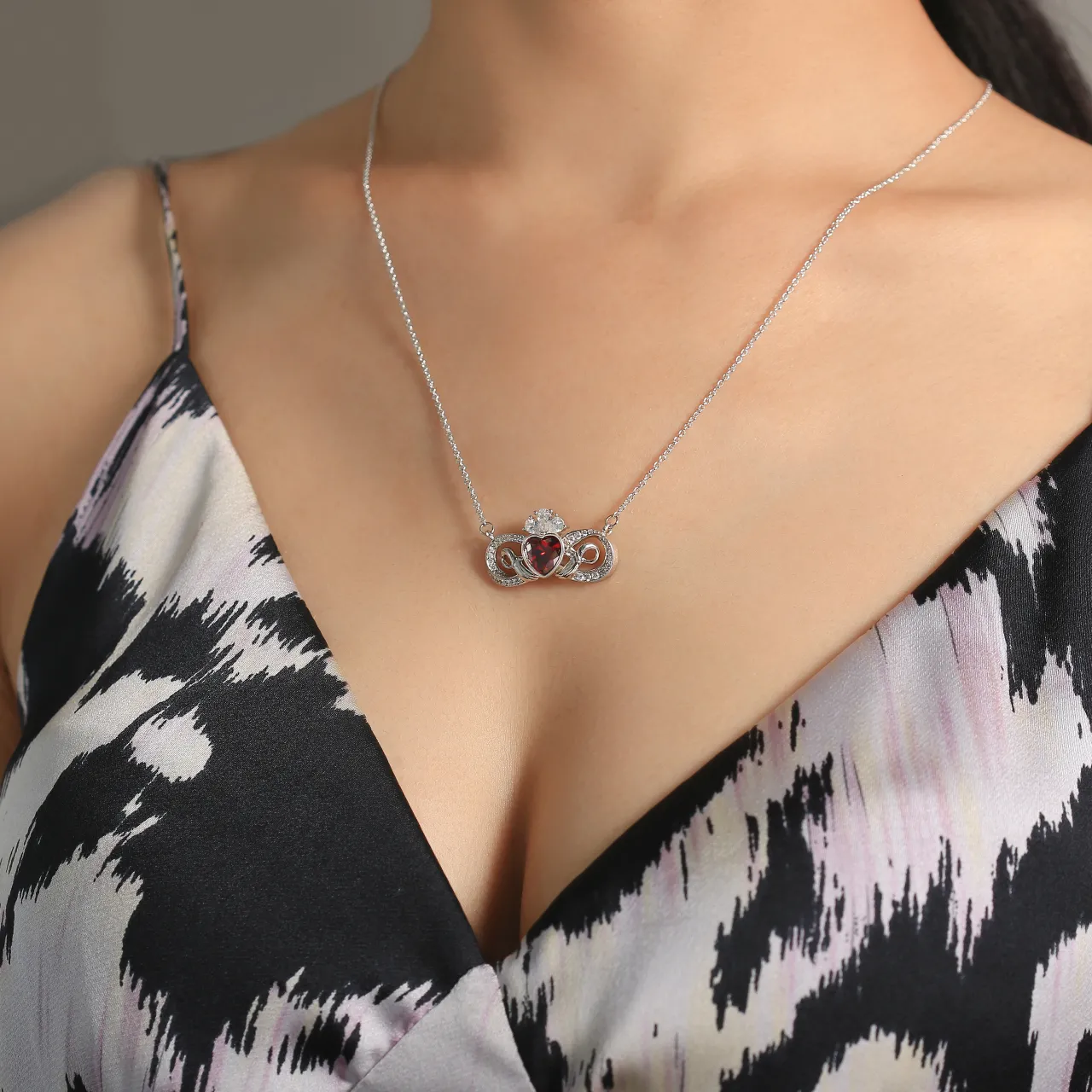 Unique Claddagh Pendant Necklace Garnet Red Heart