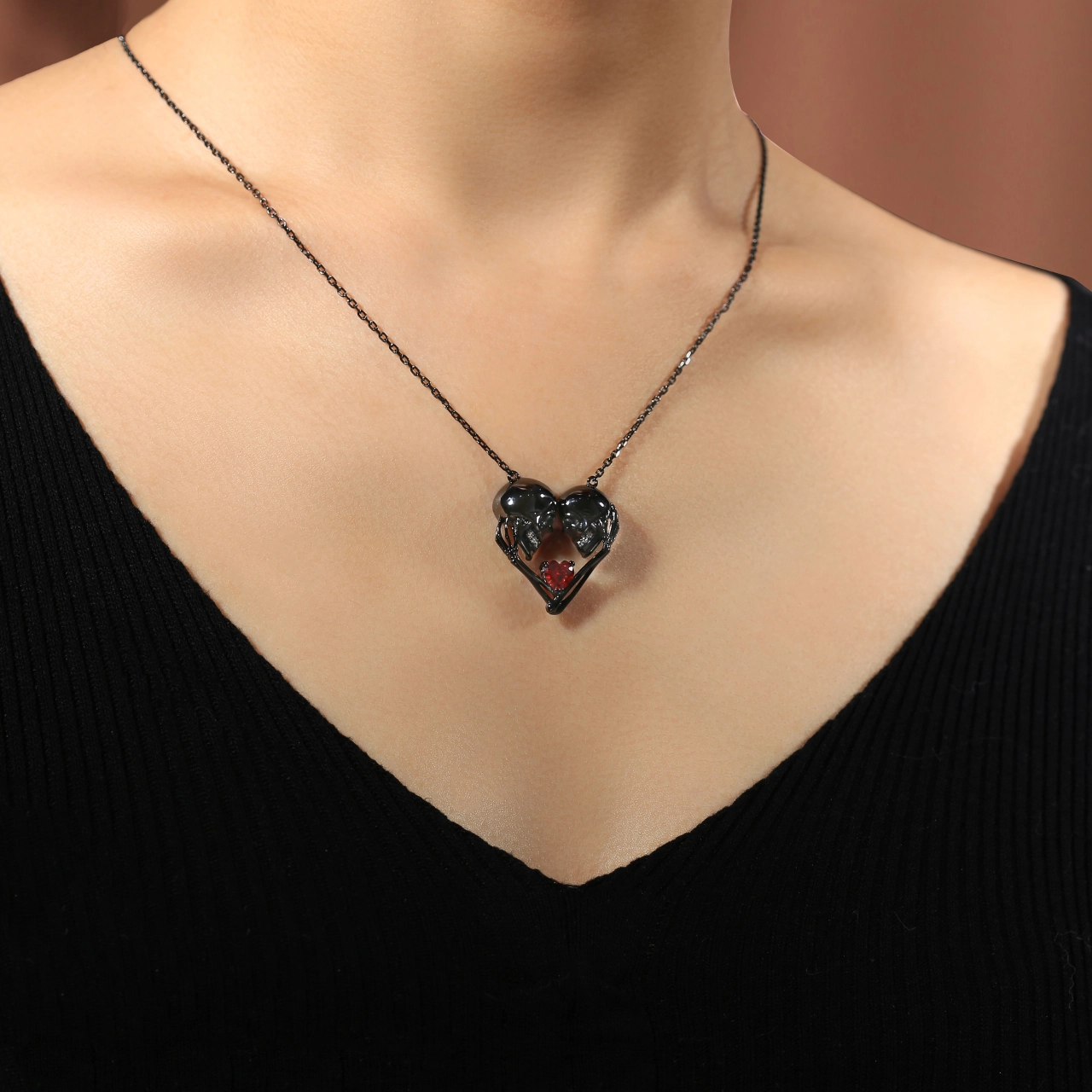 Gothic Skull Pendant Necklace Garnet Red Heart