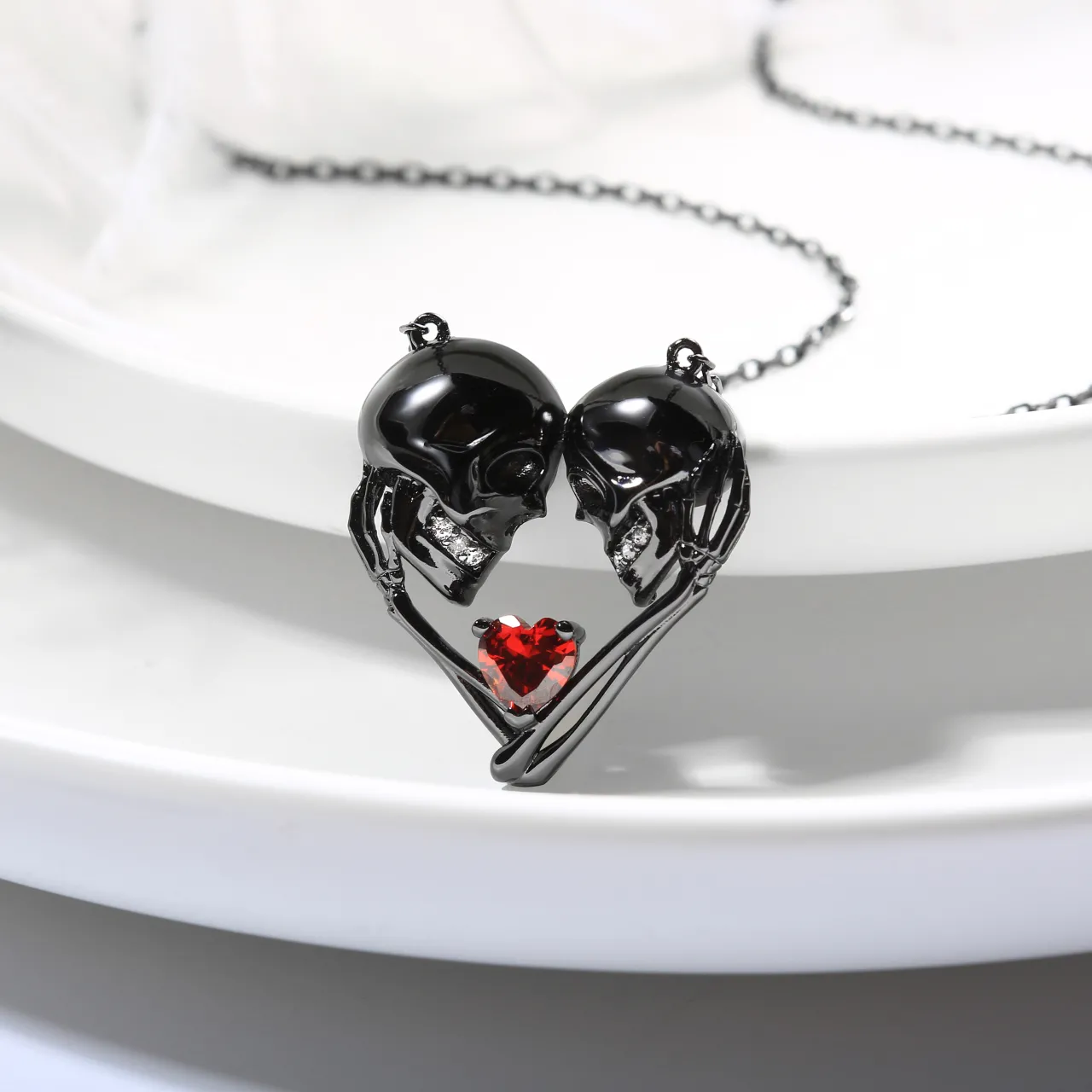 Gothic Skull Pendant Necklace Garnet Red Heart