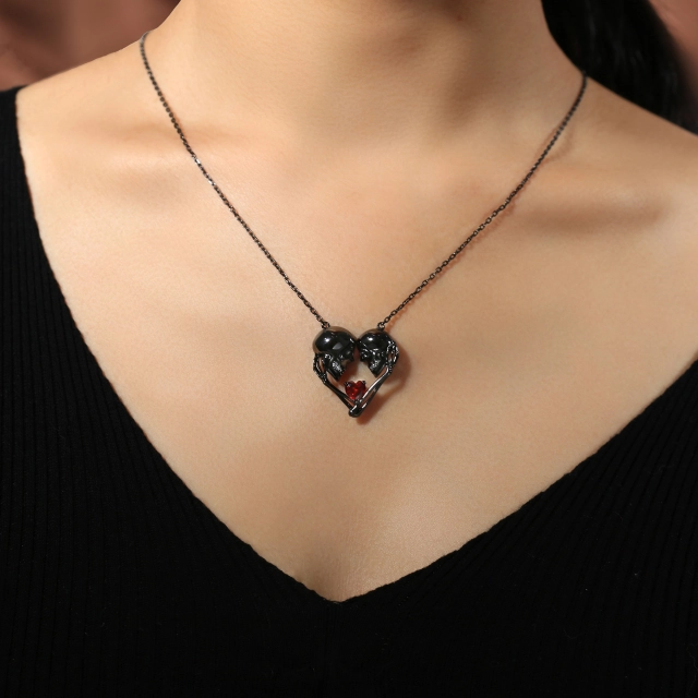 Gothic Skull Pendant Necklace Garnet Red Heart