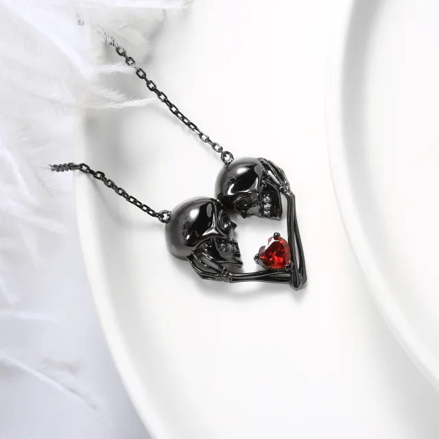 Gothic Skull Pendant Necklace Garnet Red Heart