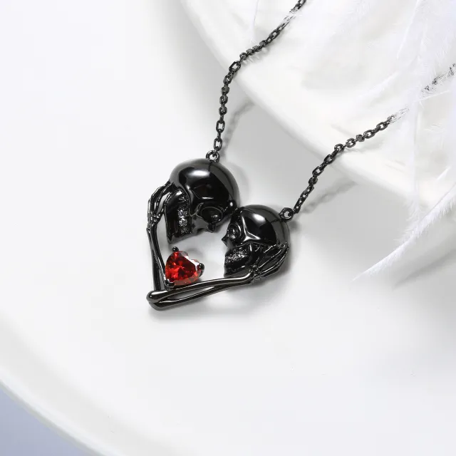 Gothic Skull Pendant Necklace Garnet Red Heart