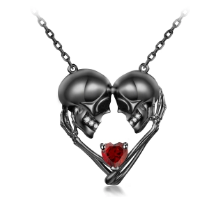 Gothique Crâne pendentif Collier Rouge Grenat Cœur