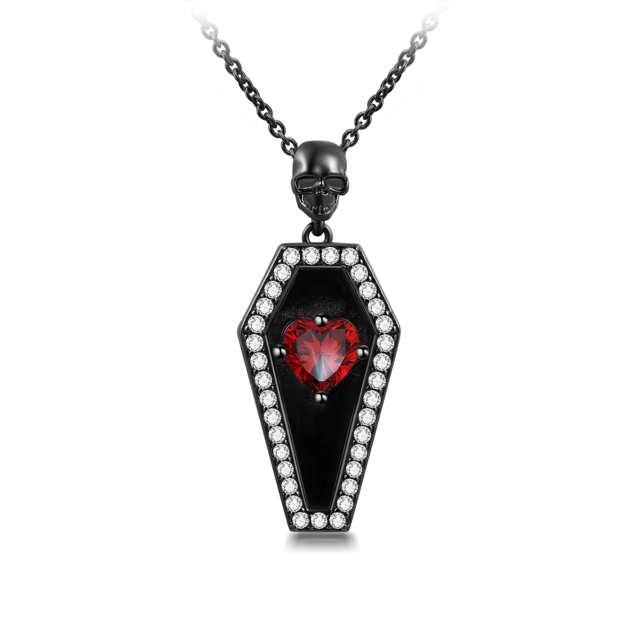 Gothic Coffin Skull Pendant Necklace Garnet Red Heart