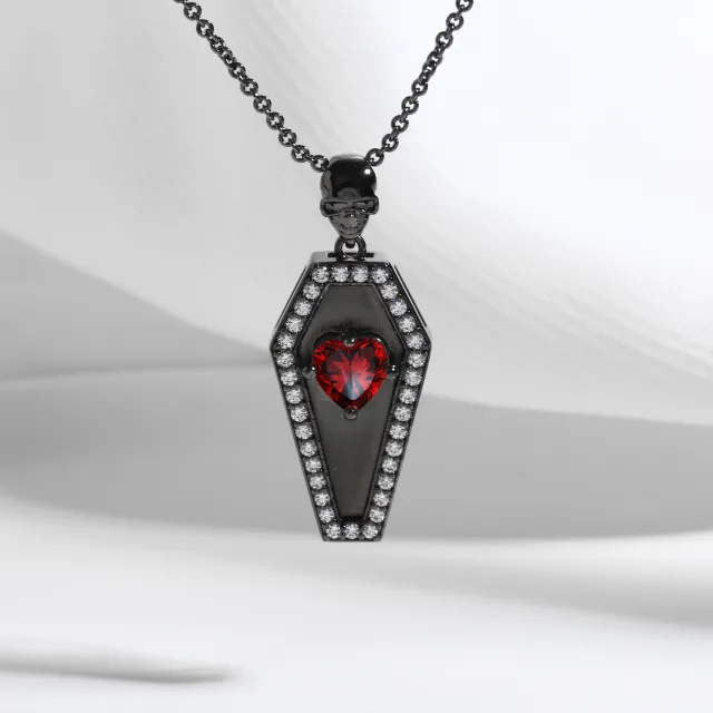 Gothic Coffin Skull Pendant Necklace Garnet Red Heart