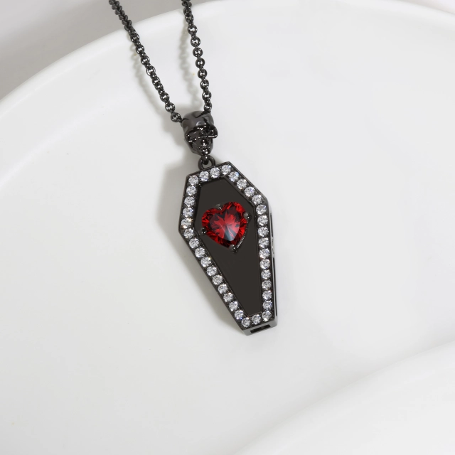 Gothic Coffin Skull Pendant Necklace Garnet Red Heart