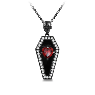 Gothic Coffin Skull Pendant Necklace Garnet Red Heart