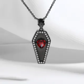 Gothic Coffin Skull Pendant Necklace Garnet Red Heart