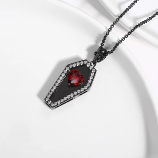 Gothic Coffin Skull Pendant Necklace Garnet Red Heart