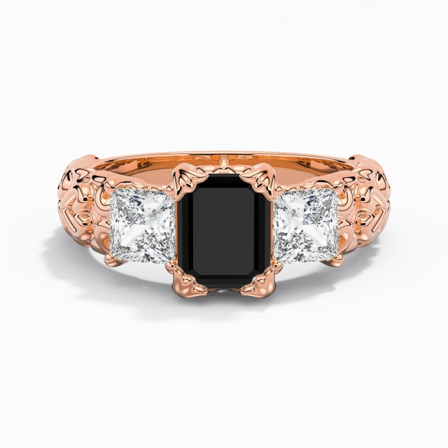 Black Radiant Engagement Ring 925 Sterling Silver Three Stone Unique Retro Embossed Scrollwork Women