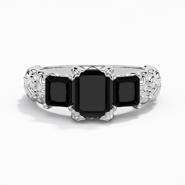 Blanco Negro Radiante Personalizado Anillo de Compromiso Plata esterlina 925 Piedra triple Único Extra Grabado en relieve Filigrana Mujer