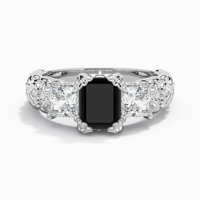 Black Radiant Engagement Ring 925 Sterling Silver Three Stone Unique Retro Embossed Scrollwork Women