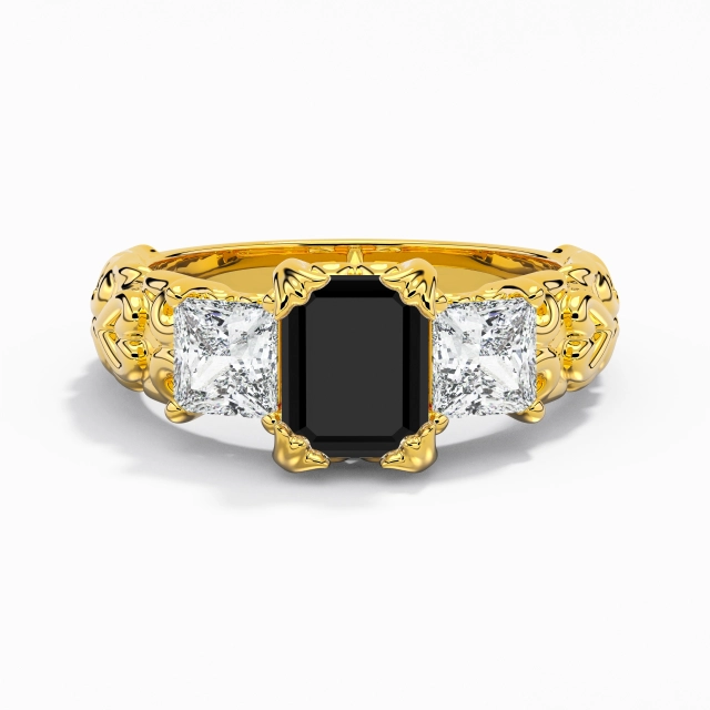 Negro Radiante Personalizado Anillo de Compromiso Plata esterlina 925 Piedra triple Único Extra Grabado en relieve Filigrana Mujer