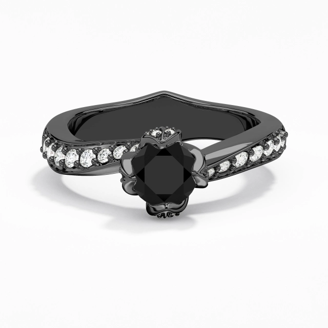 Black Round Engagement Ring 925 Sterling Silver Pavé Blossom Flower Channel Women