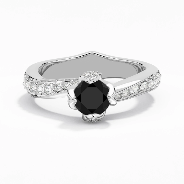 Black Round Engagement Ring 925 Sterling Silver Pavé Blossom Flower Channel Women