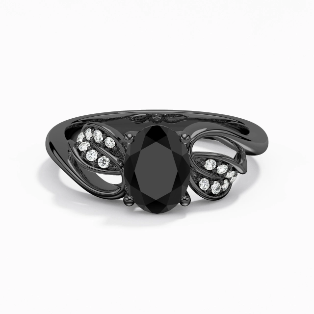Black Oval Engagement Ring 925 Sterling Silver Prong Nature Leaf Flair Shank Women