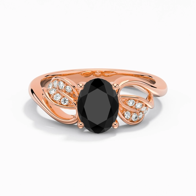 Black Oval Engagement Ring 925 Sterling Silver Prong Nature Leaf Flair Shank Women