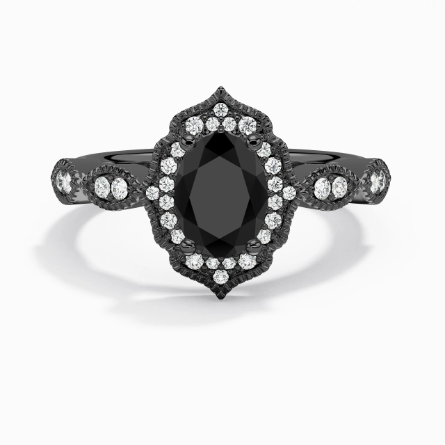Noir Ovale Bague de fiançailles Argent sterling 925 Halo Rétro Crené Femme Noir Ovale Bague de fiançailles Argent sterling 925 Halo Rétro Crené Femme
