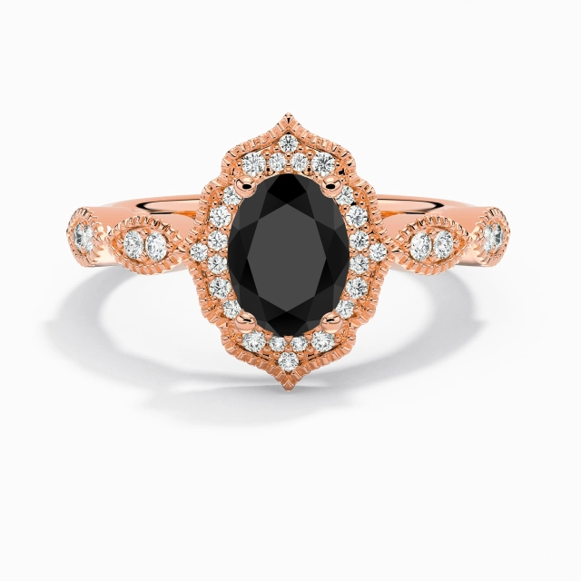 Black Oval Engagement Ring 925 Sterling Silver Halo Vintage Milgrain Women