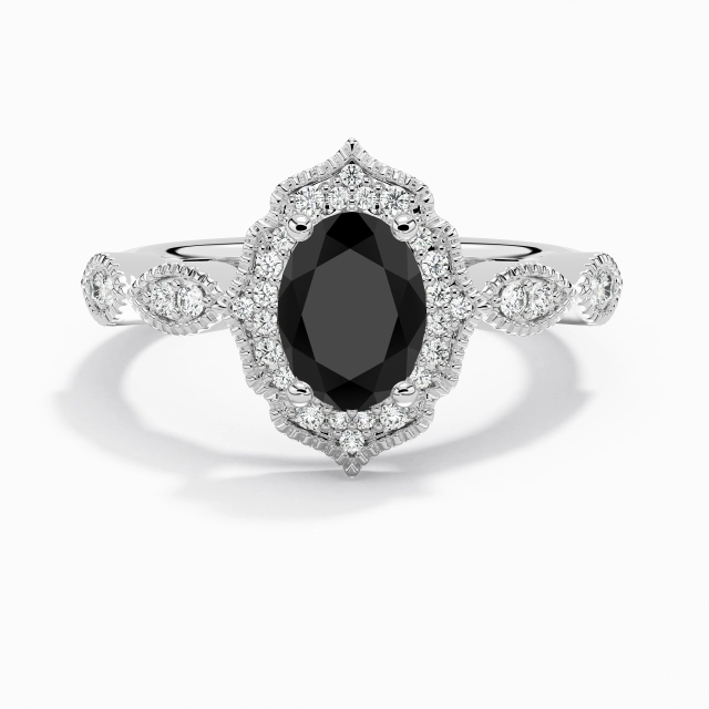 Black Oval Engagement Ring 925 Sterling Silver Halo Vintage Milgrain Women