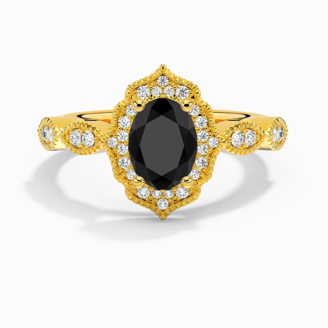 Black Oval Engagement Ring 925 Sterling Silver Halo Vintage Milgrain Women