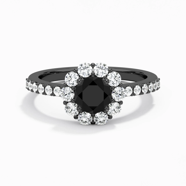 Black Round Engagement Ring 925 Sterling Silver Halo Cluster Classic Straight Shank Women