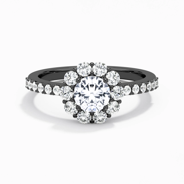 Noir Halo Grappe Classique 1.00ct Moissanite Bague de fiançailles Tige Droite Argent sterling 925