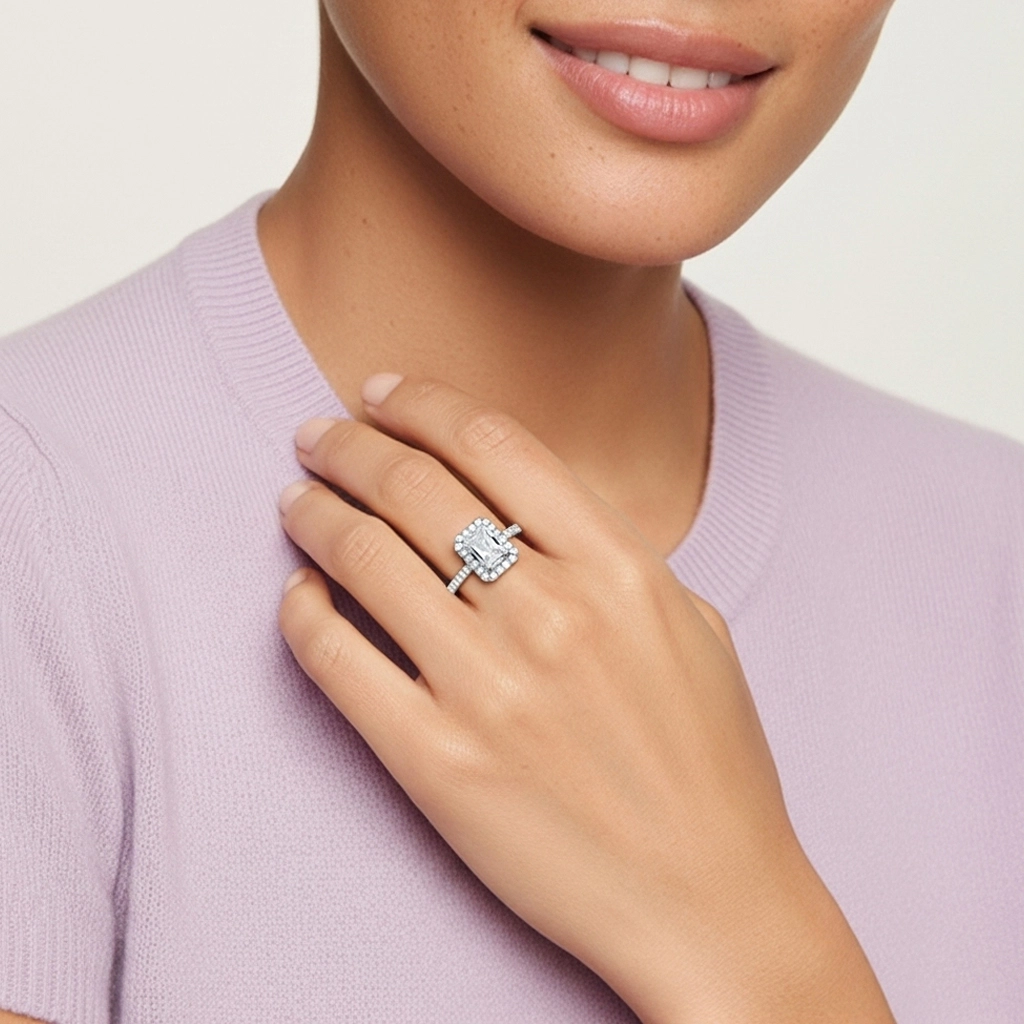 Argent sterling 925 Halo Tige Traditionnelle Bague de fiançailles