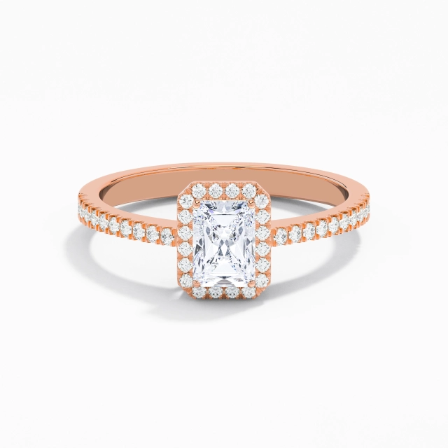 Traditional Shank Classic Halo Engagement Ring Moissanite 0.80ct Radiant 14K Rose Gold