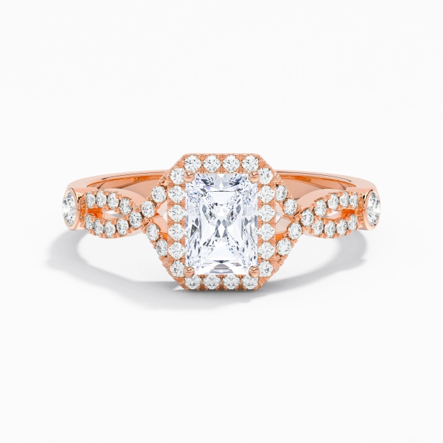 Intertwined Elegant Halo Engagement Ring Moissanite 1.00ct Radiant 14K Rose Gold