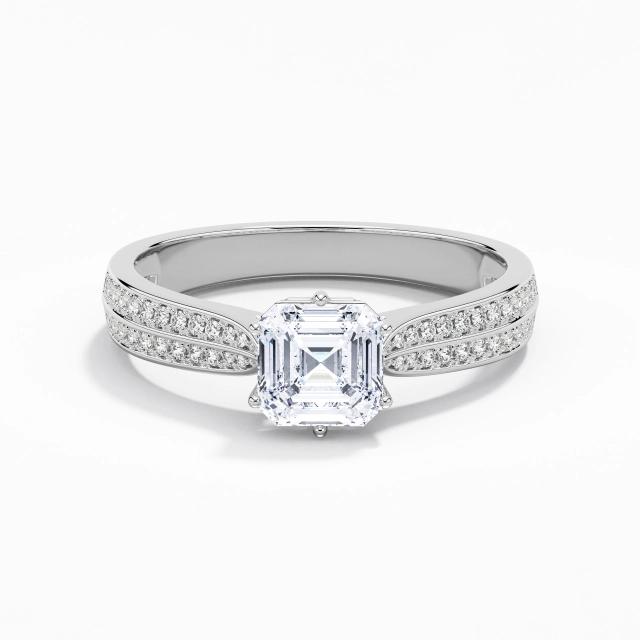 0.80ct Asscher Moissanite Engagement Ring 925 Sterling Silver Pavé Classic Reverse Tapered