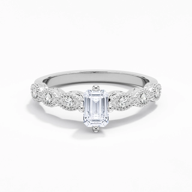 925 Sterling Silver East West Custom Engagement Ring Polish Plating White Gold Antique Beaded Emerald Cubic Zirconia 0.80ct