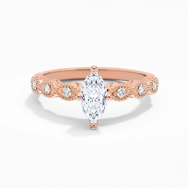 925 Sterling Silver East West Custom Engagement Ring Polish Plating 18K Rose Gold Antique Beaded Marquise Cubic Zirconia 0.80ct